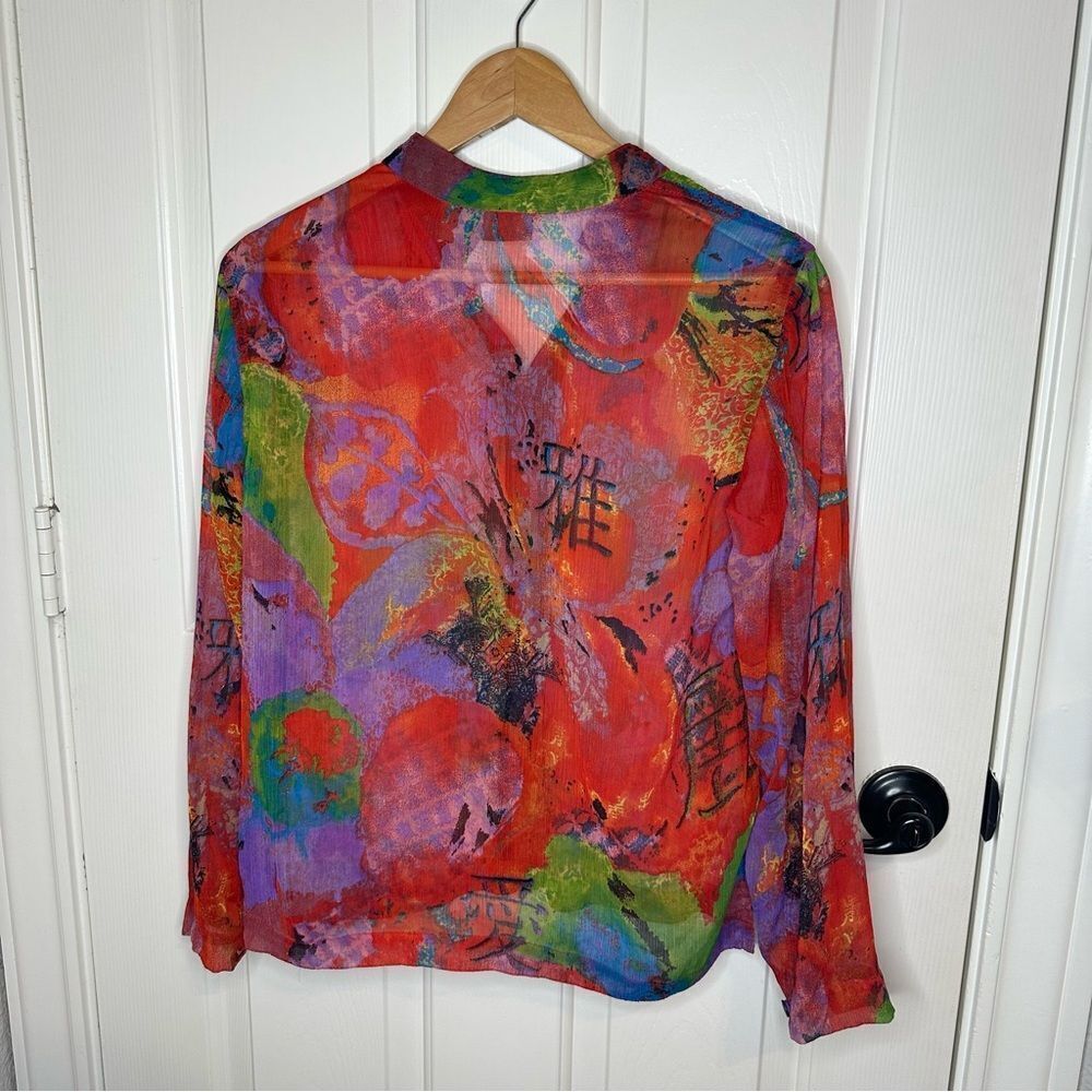 VTG Notations By Chico’s Red Multicolor Oriental Print Button Down Sz 1 / M Boho - Picture 4 of 7